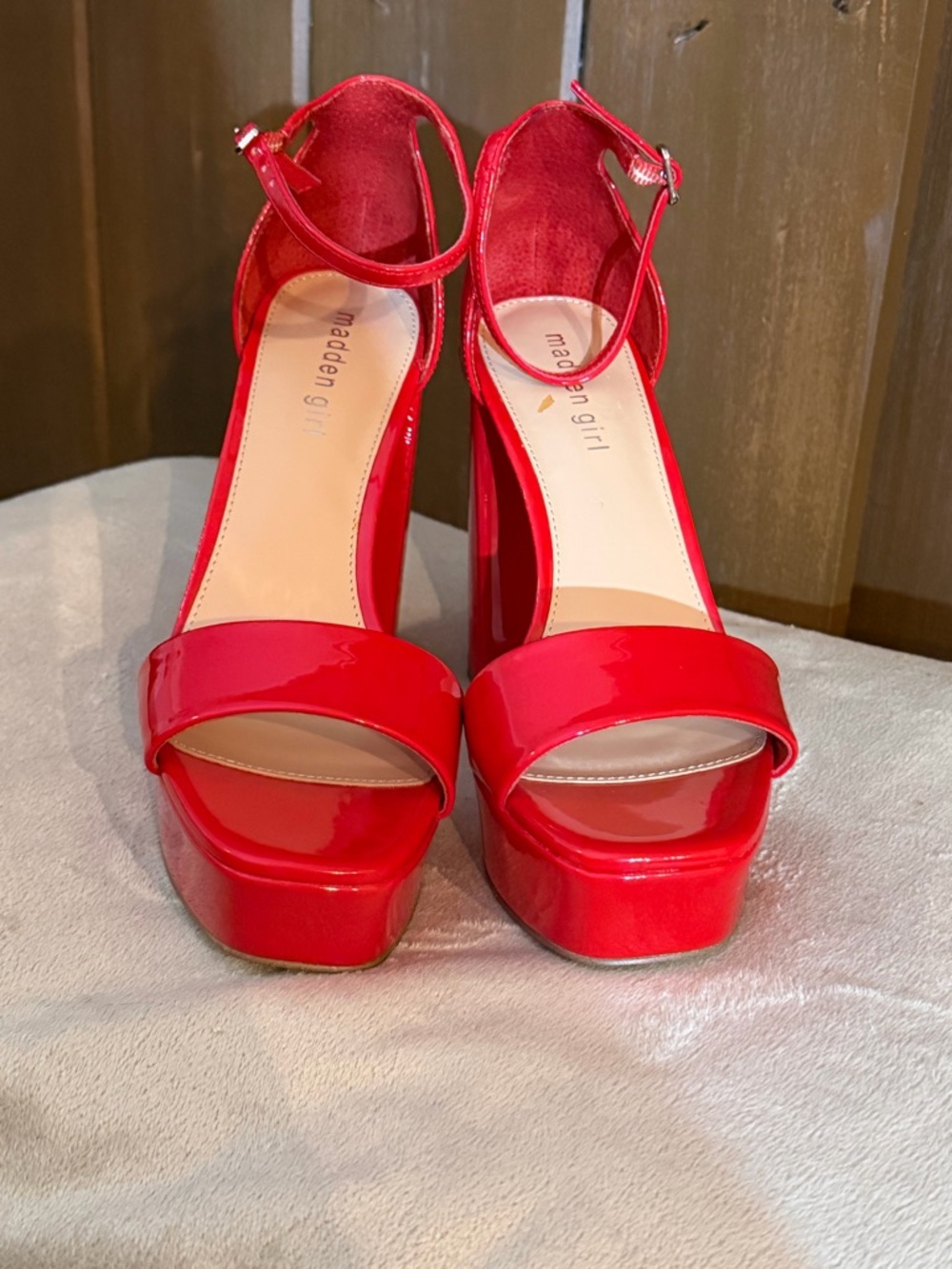 Madden Girl Bright Red Patent Platform Ankle Strap Heels Size 9.5 m